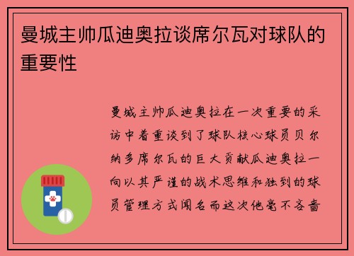 曼城主帅瓜迪奥拉谈席尔瓦对球队的重要性